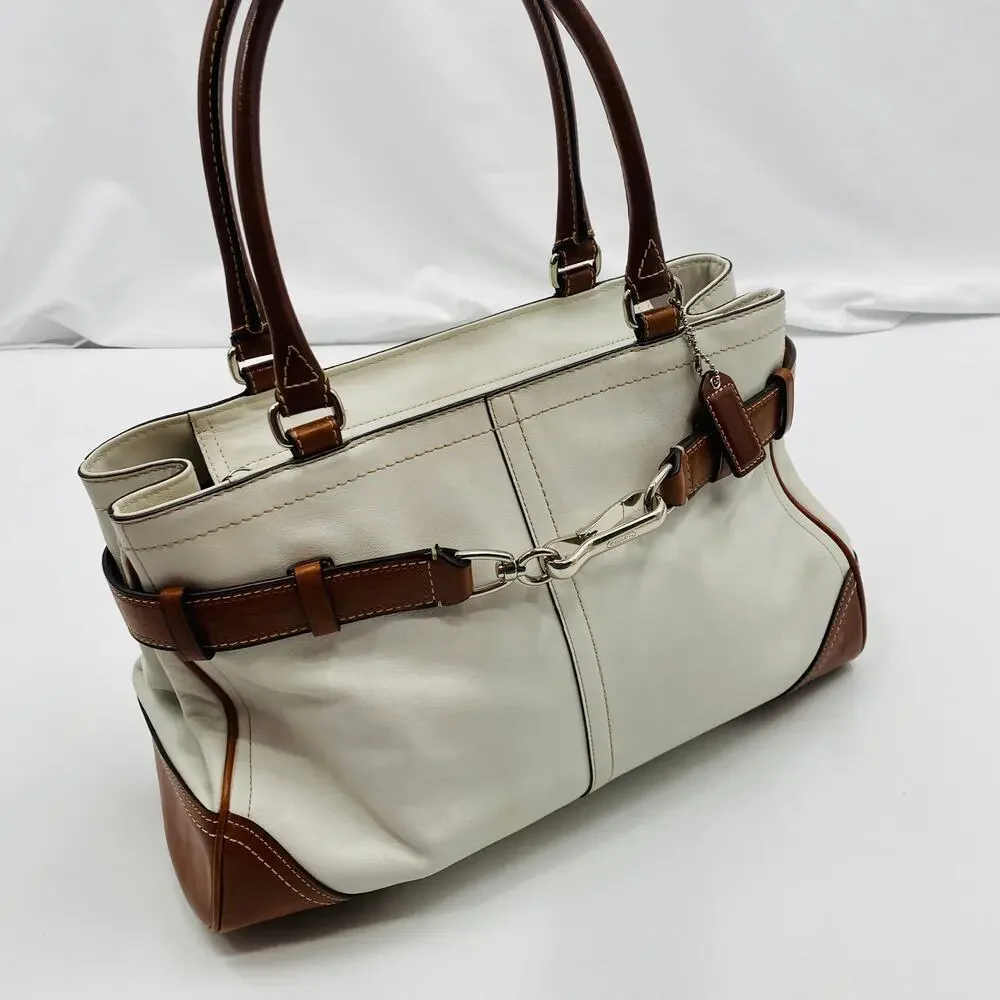 Coach white & brown leather hampton shoulder bag
